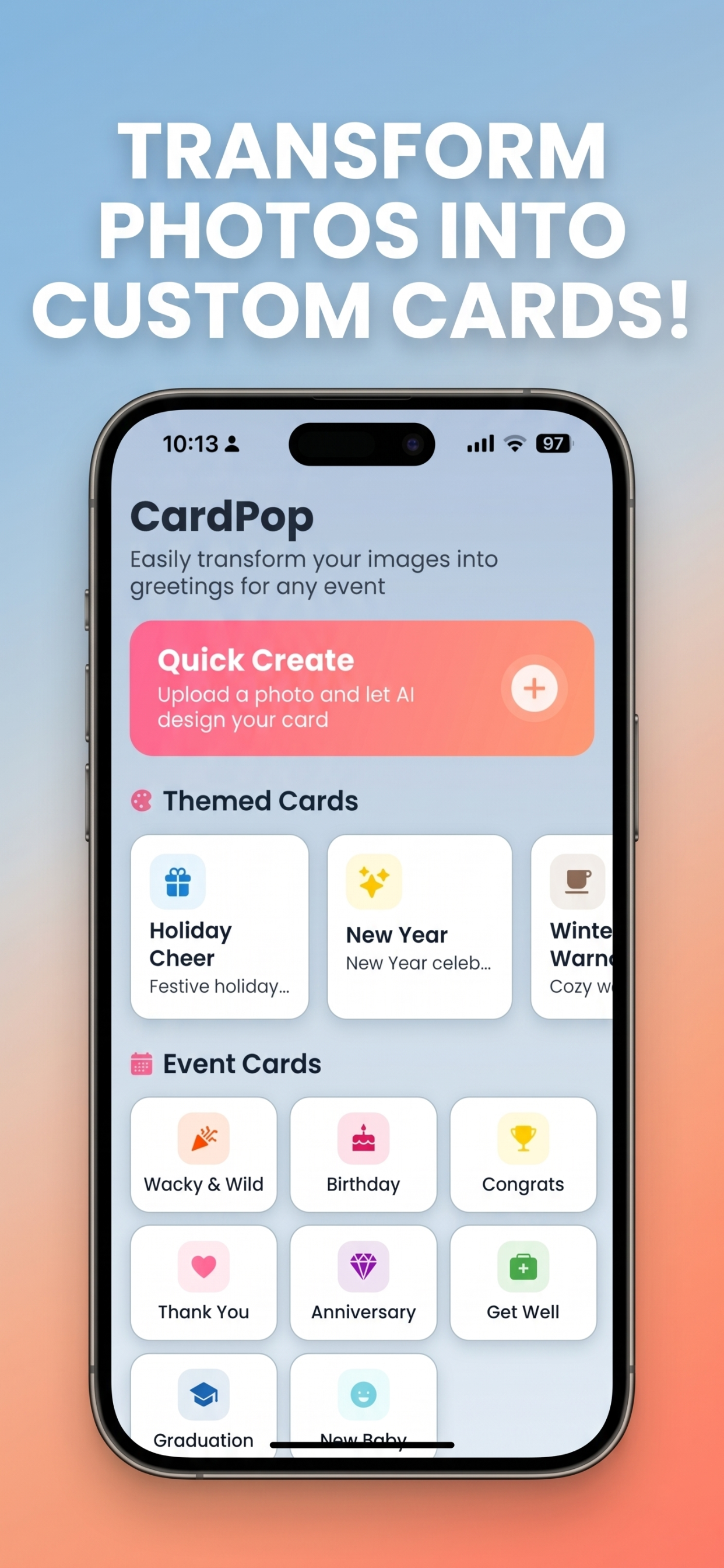 CardPop home screen